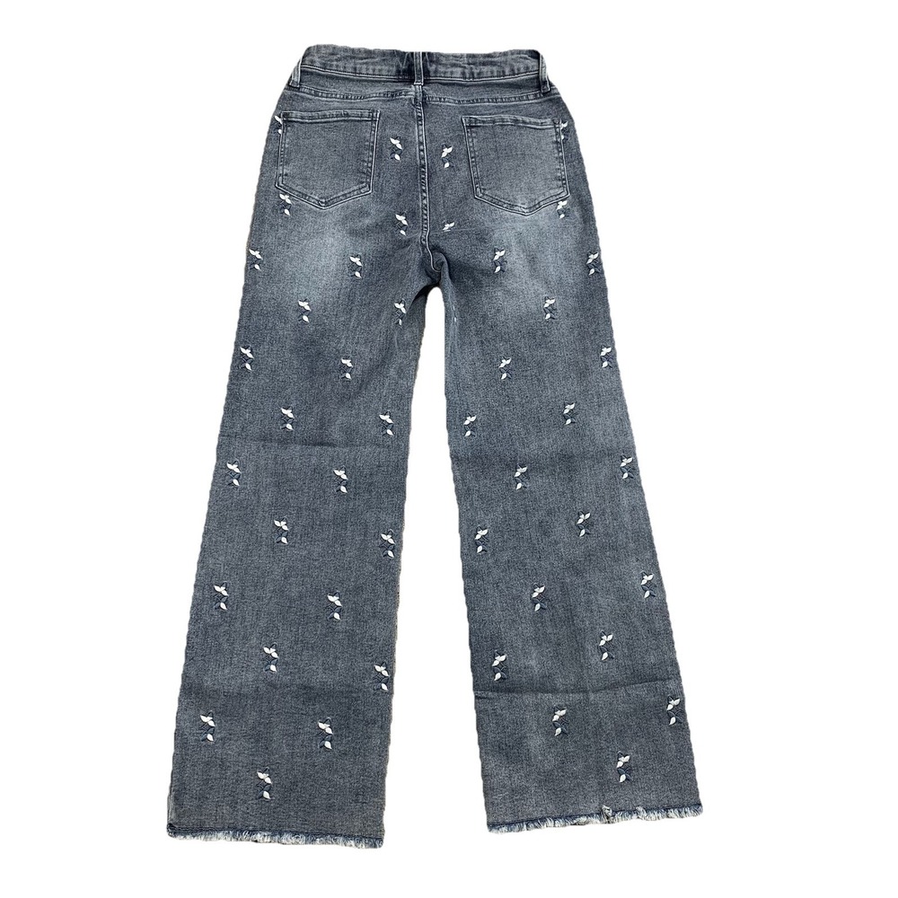 APNY Embroidered Wide Leg Jeans Womens 6 Raw Hem Two-Tone Stretch Denim - Picture 3 of 10